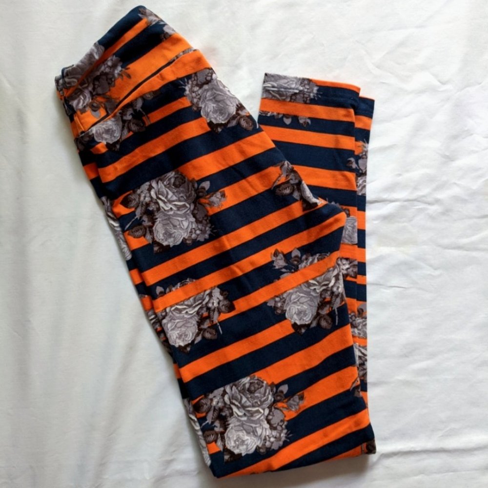 LuLaRoe Orange/Black Stripe Floral Rose Leggings